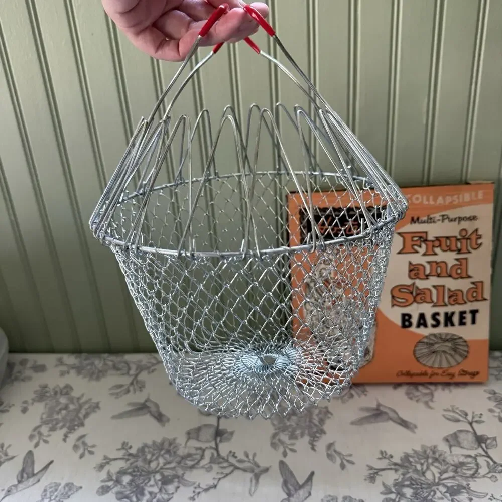 Vtg Hostess Egg Gathering Wire Mesh Fruit Hanging Basket Collapsible Red Handles